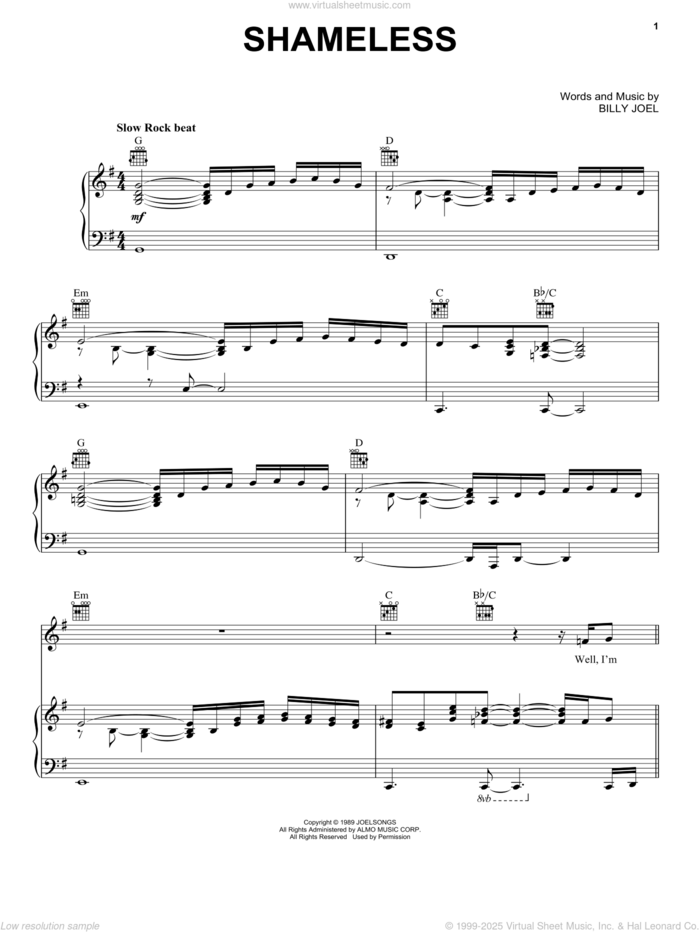 Shameless sheet music for voice, piano or guitar by Billy Joel and Garth Brooks, intermediate skill level