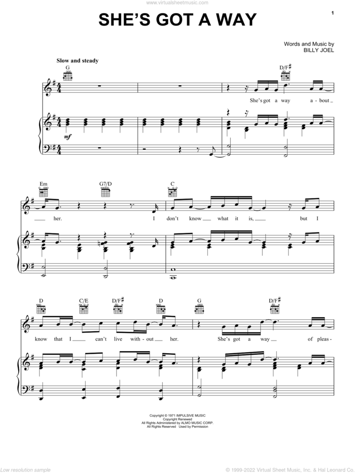She's Got A Way sheet music for voice, piano or guitar by Billy Joel, wedding score, intermediate skill level