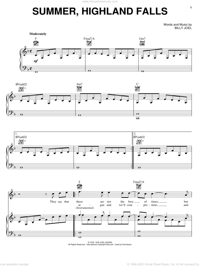 Summer, Highland Falls sheet music for voice, piano or guitar by Billy Joel, intermediate skill level