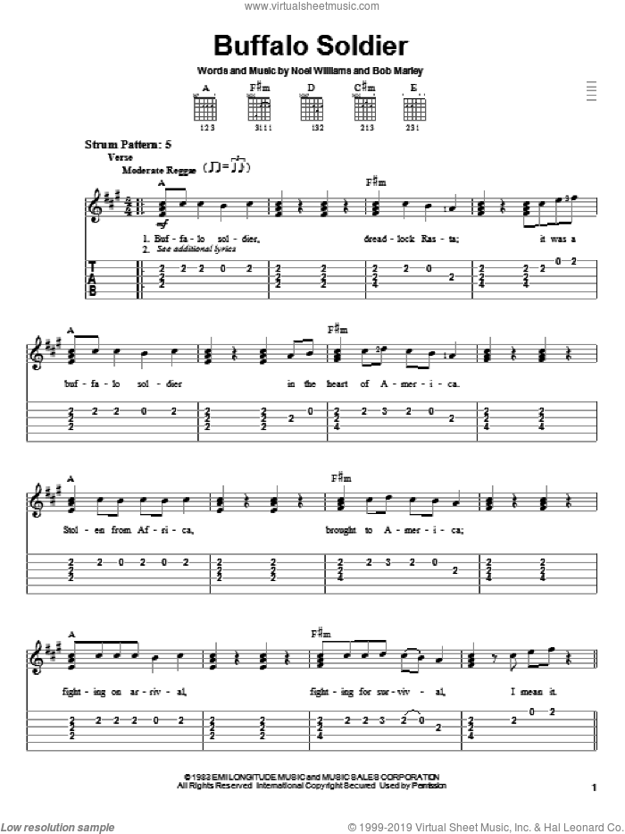 Buffalo Soldier sheet music for guitar solo (easy tablature) by Bob Marley and Noel Williams, easy guitar (easy tablature)