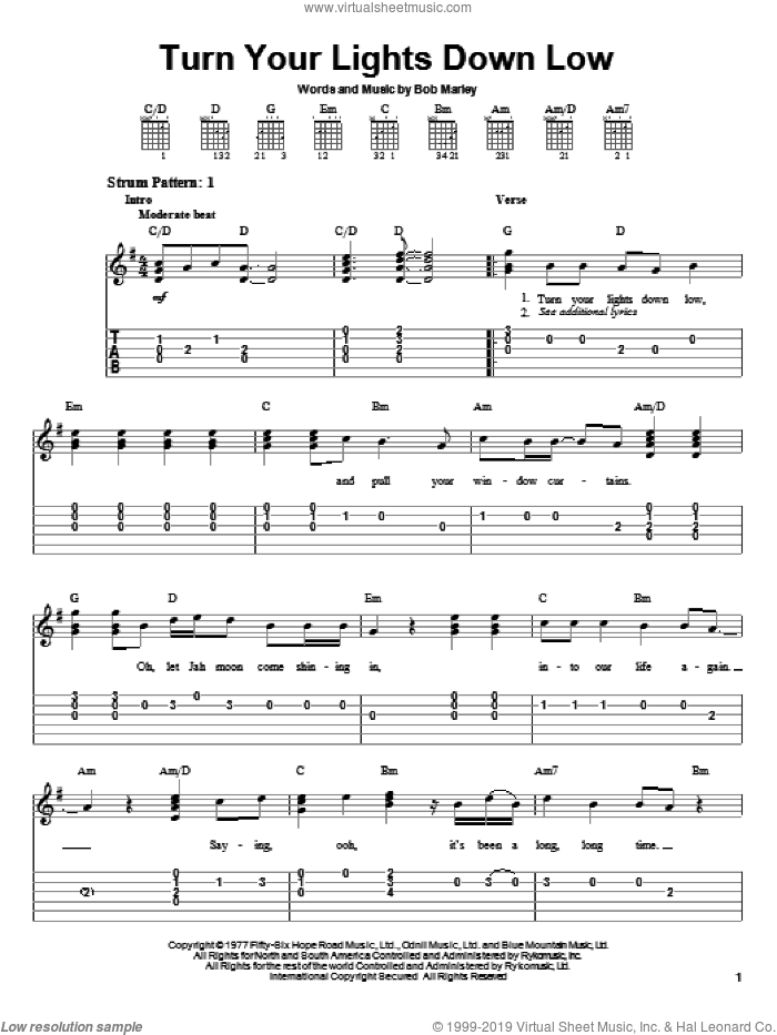 Turn Your Lights Down Low sheet music for guitar solo (easy tablature) by Bob Marley, easy guitar (easy tablature)