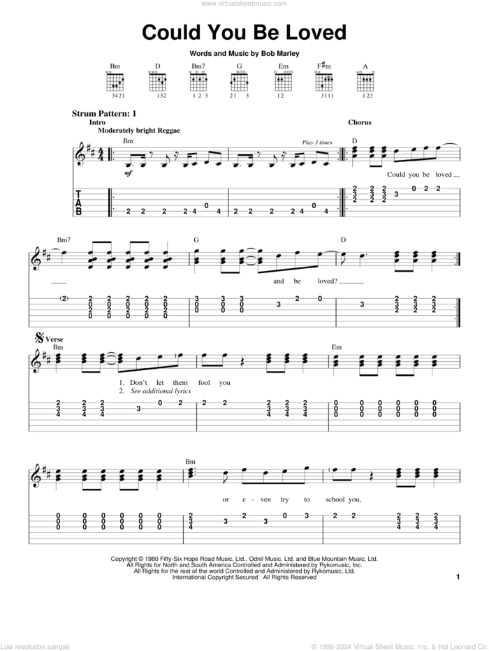 Could You Be Loved sheet music for guitar solo (easy tablature) by Bob Marley and Bob Marley and The Wailers, easy guitar (easy tablature)