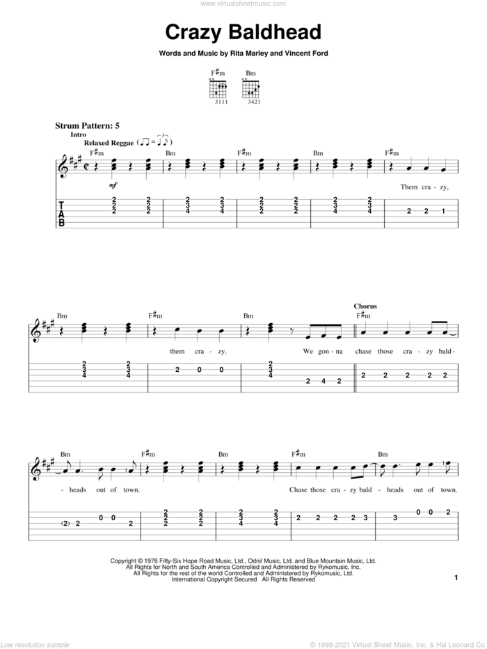 Crazy Baldhead sheet music for guitar solo (easy tablature) by Bob Marley, Rita Marley and Vincent Ford, easy guitar (easy tablature)