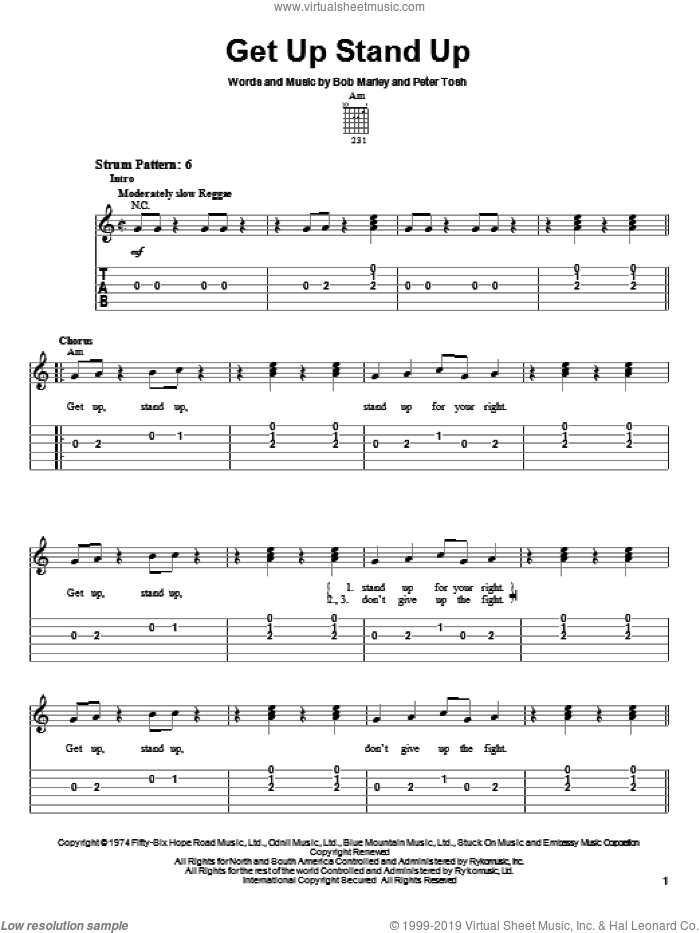 Get Up Stand Up sheet music for guitar solo (easy tablature) by Bob Marley and Peter Tosh, easy guitar (easy tablature)