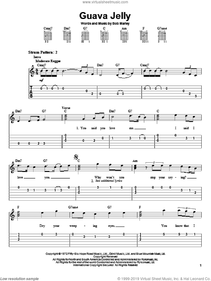 Guava Jelly sheet music for guitar solo (easy tablature) by Bob Marley, easy guitar (easy tablature)