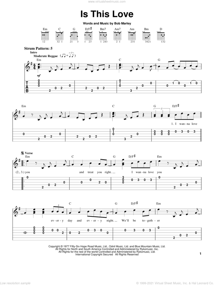 Is This Love sheet music for guitar solo (easy tablature) by Bob Marley, easy guitar (easy tablature)