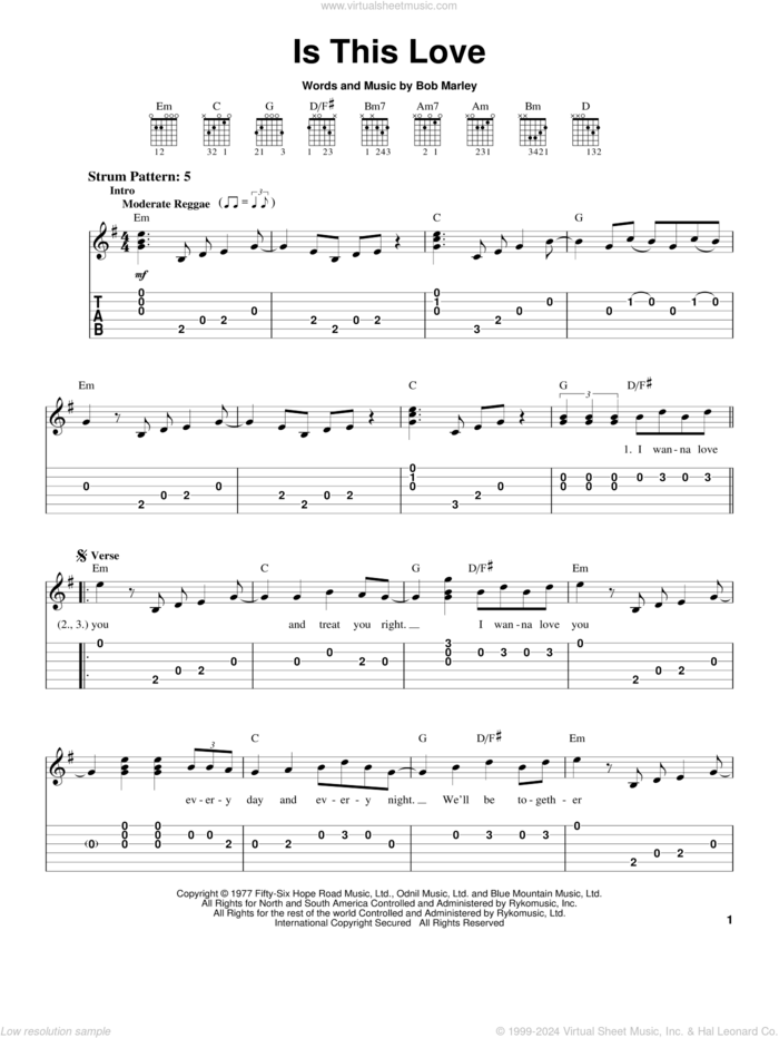 Is This Love sheet music for guitar solo (easy tablature) by Bob Marley, easy guitar (easy tablature)