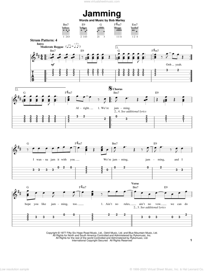 Jamming sheet music for guitar solo (easy tablature) by Bob Marley, easy guitar (easy tablature)