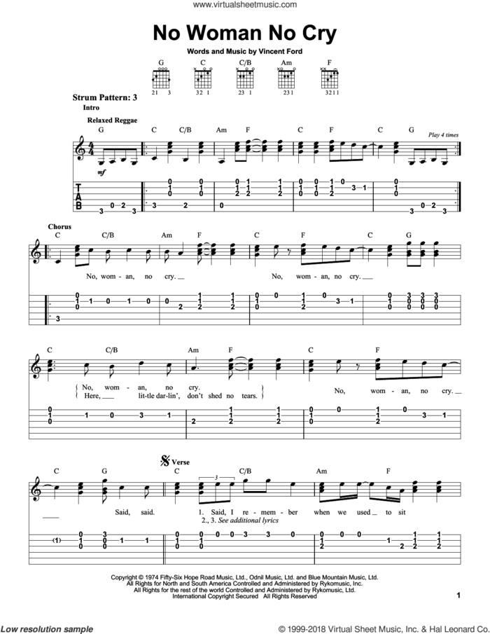 No Woman No Cry sheet music for guitar solo (easy tablature) by Bob Marley and Vincent Ford, easy guitar (easy tablature)