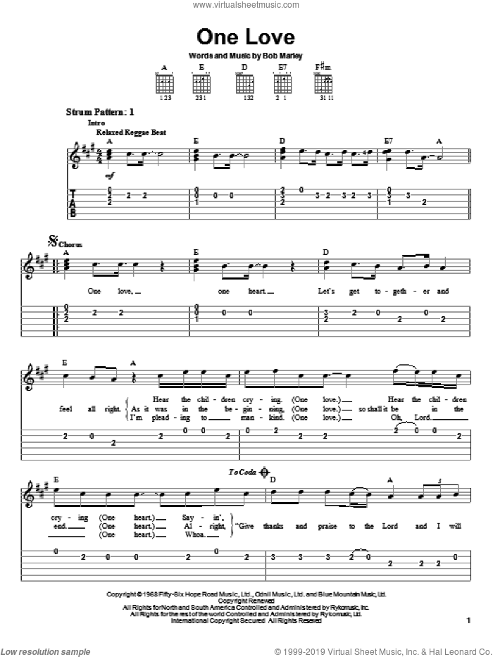 One Love sheet music for guitar solo (easy tablature) by Bob Marley, easy guitar (easy tablature)
