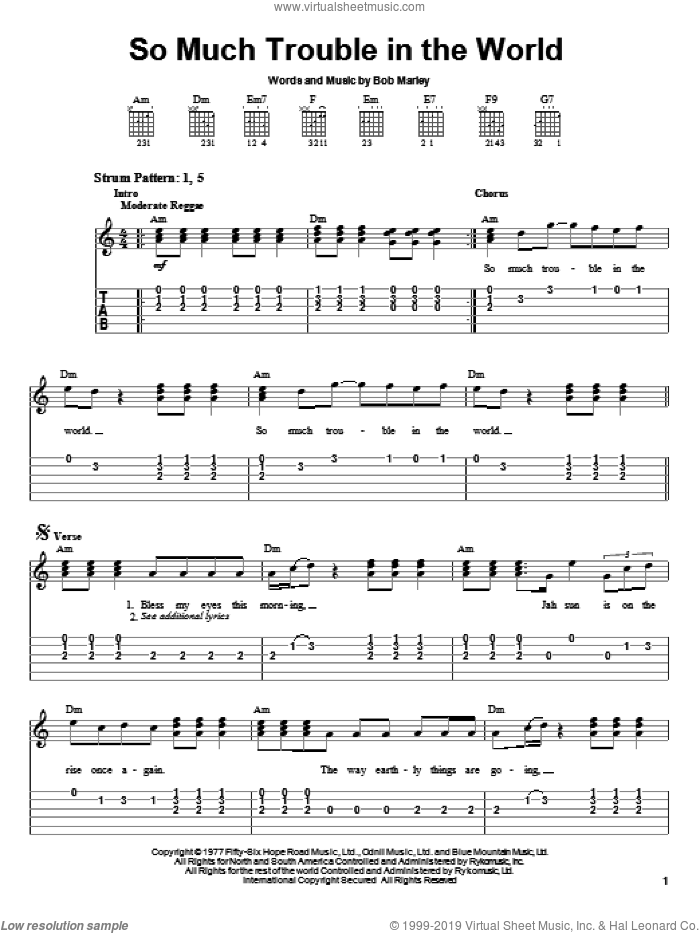 So Much Trouble In The World sheet music for guitar solo (easy tablature) by Bob Marley, easy guitar (easy tablature)