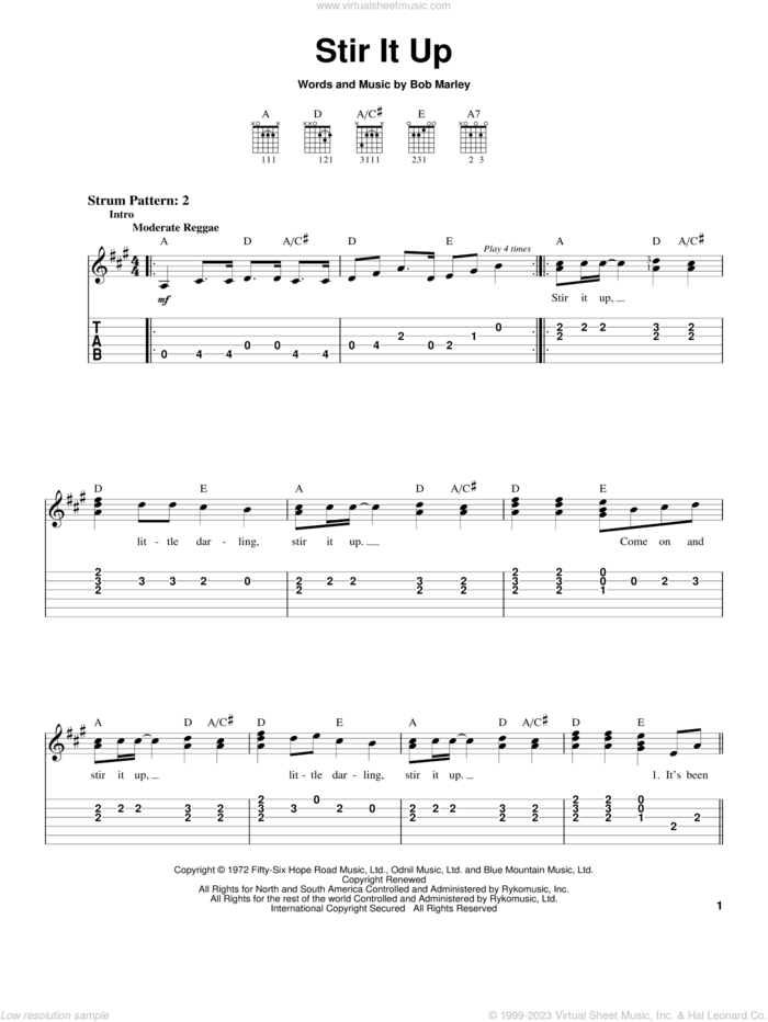 Stir It Up sheet music for guitar solo (easy tablature) by Bob Marley, easy guitar (easy tablature)