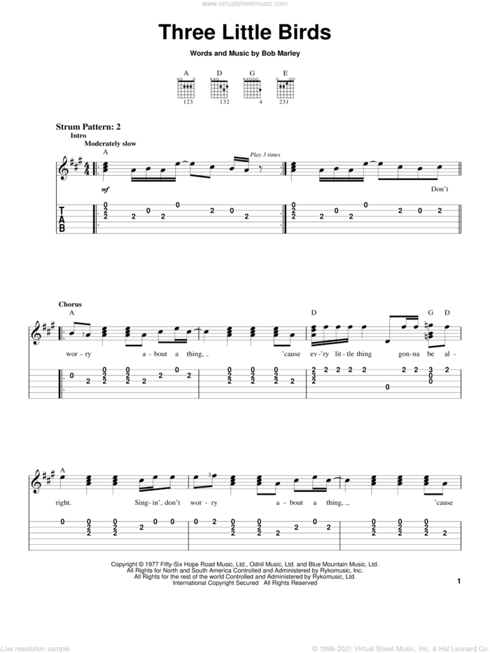 Three Little Birds sheet music for guitar solo (easy tablature) by Bob Marley, easy guitar (easy tablature)