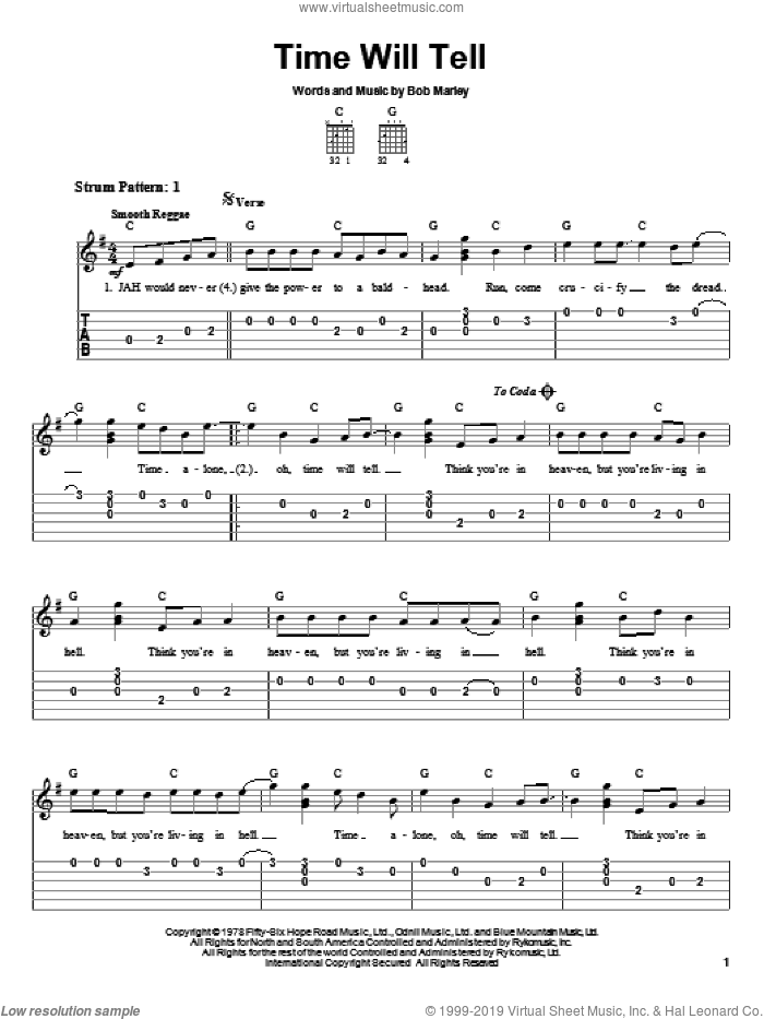 Time Will Tell sheet music for guitar solo (easy tablature) by Bob Marley and The Black Crowes, easy guitar (easy tablature)