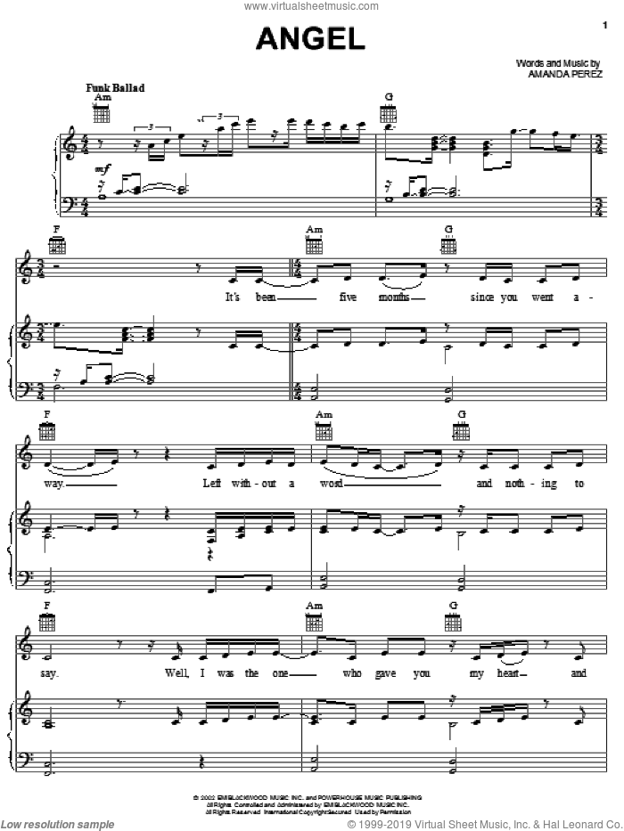Angel sheet music for voice, piano or guitar by Amanda Perez, intermediate skill level