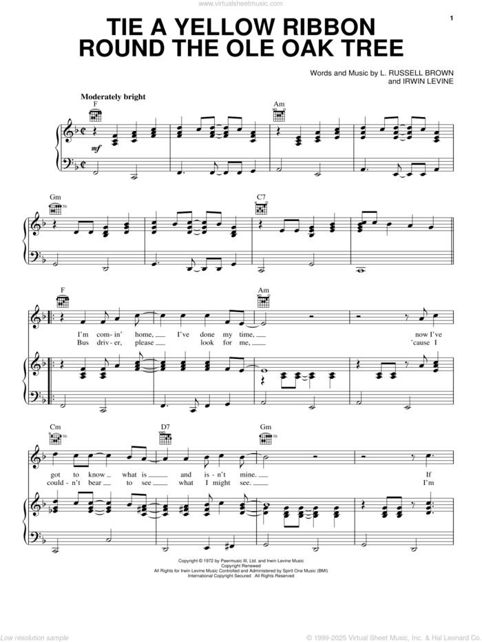 Tie A Yellow Ribbon Round The Ole Oak Tree sheet music for voice, piano or guitar by Tony Orlando, Johnny Carver, Tony Orlano & Dawn, Irwin Levine and L. Russell Brown, intermediate skill level