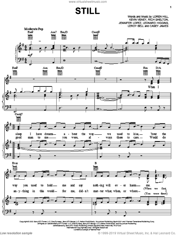 Still sheet music for voice, piano or guitar by Jennifer Lopez, Kevin Veney, Loren Hill and Richard Shelton, intermediate skill level