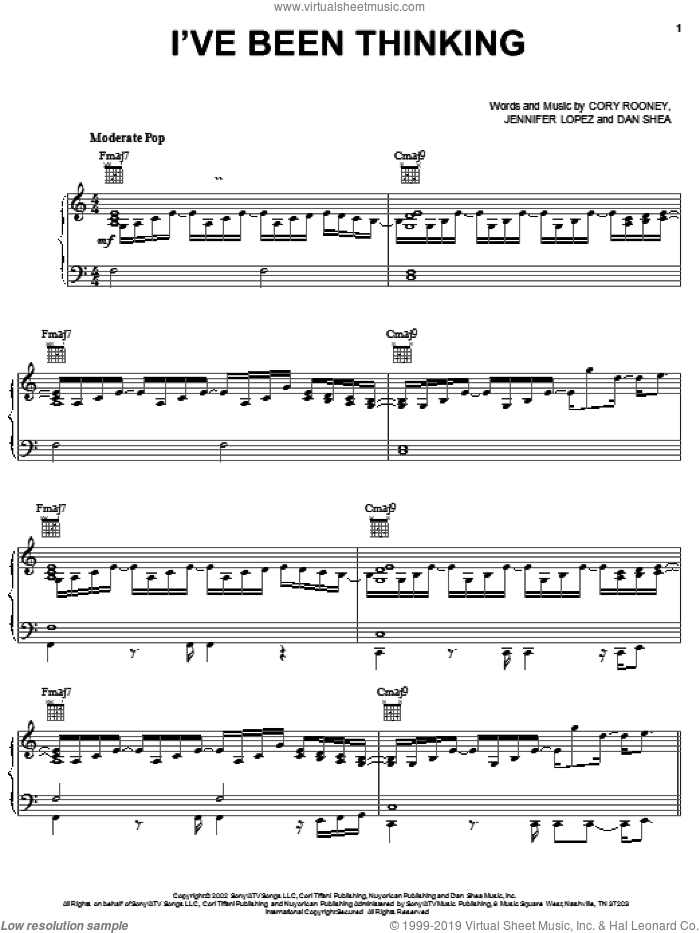 I've Been Thinking sheet music for voice, piano or guitar by Jennifer Lopez, Cory Rooney and Dan Shea, intermediate skill level