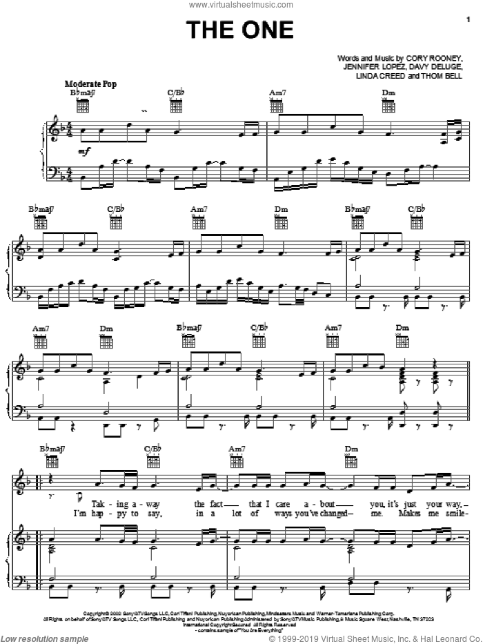 The One sheet music for voice, piano or guitar by Jennifer Lopez, Cory Rooney and Davy Deluge, intermediate skill level