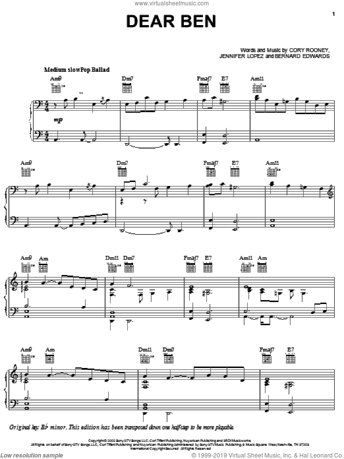 Dear Ben sheet music for voice, piano or guitar by Jennifer Lopez, Bernard Edwards and Cory Rooney, intermediate skill level