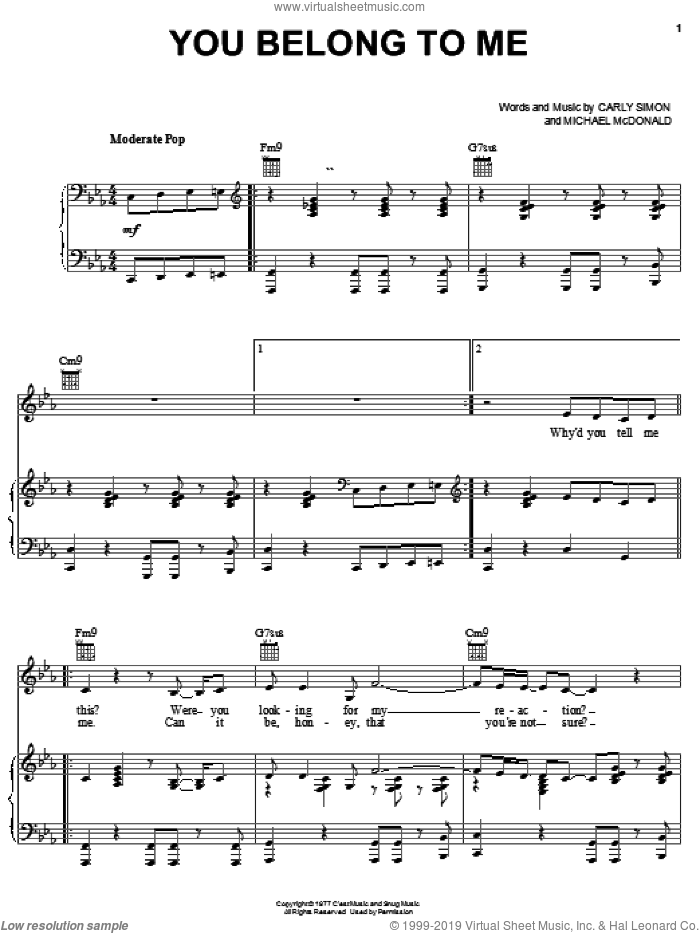 You Belong To Me sheet music for voice, piano or guitar by Jennifer Lopez, Carly Simon and Michael McDonald, intermediate skill level