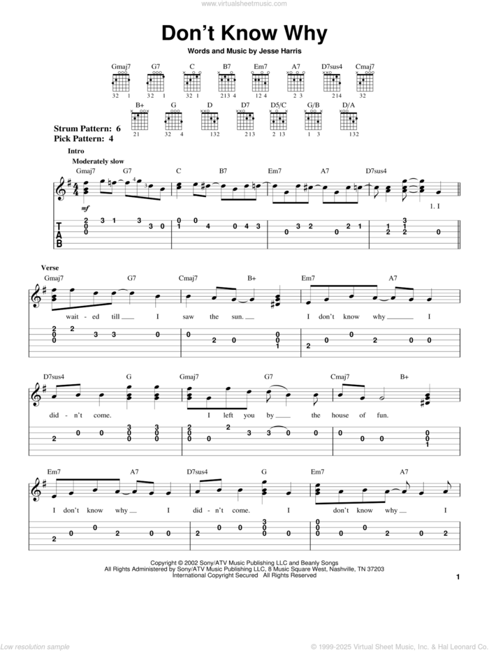 Don't Know Why sheet music for guitar solo (easy tablature) by Norah Jones and Jesse Harris, easy guitar (easy tablature)