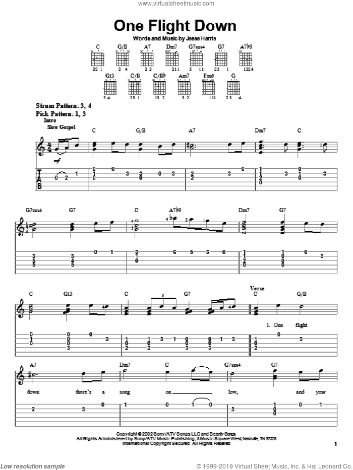 One Flight Down sheet music for guitar solo (easy tablature) by Norah Jones and Jesse Harris, easy guitar (easy tablature)