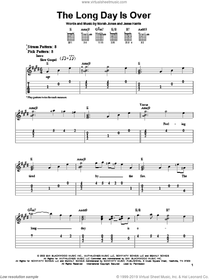The Long Day Is Over sheet music for guitar solo (easy tablature) by Norah Jones and Jesse Harris, easy guitar (easy tablature)