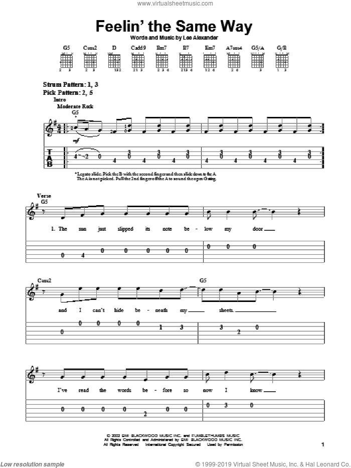 Feelin' The Same Way sheet music for guitar solo (easy tablature) by Norah Jones and Lee Alexander, easy guitar (easy tablature)