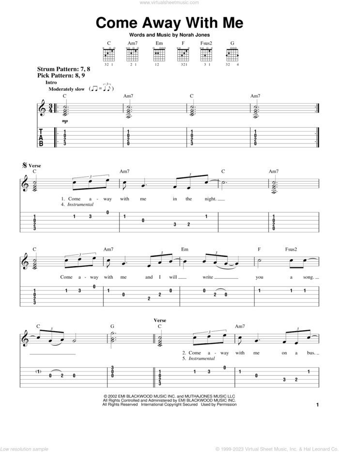 Come Away With Me sheet music for guitar solo (easy tablature) by Norah Jones, easy guitar (easy tablature)