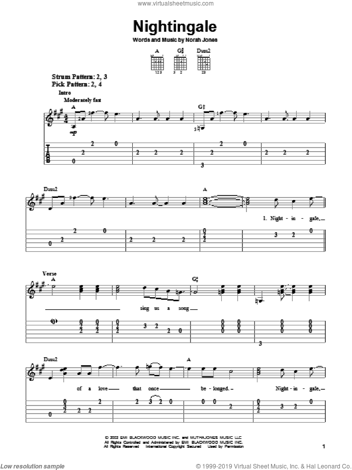 Nightingale sheet music for guitar solo (easy tablature) by Norah Jones, easy guitar (easy tablature)