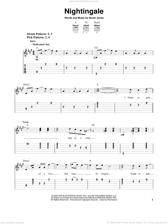 Nightingale sheet music for guitar solo (easy tablature) by Norah Jones, easy guitar (easy tablature)