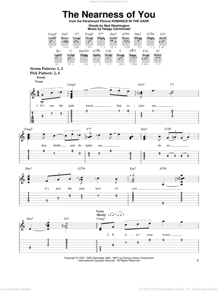 The Nearness Of You sheet music for guitar solo (easy tablature) by Norah Jones, Hoagy Carmichael and Ned Washington, easy guitar (easy tablature)