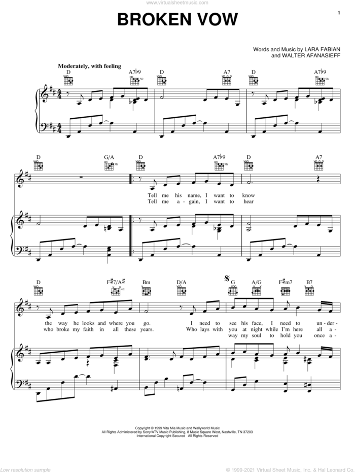 Broken Vow sheet music for voice, piano or guitar by Josh Groban, Lara Fabian and Walter Afanasieff, intermediate skill level