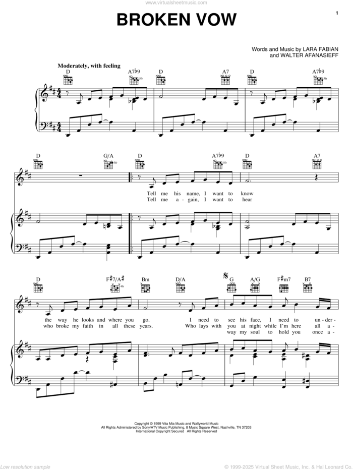 Broken Vow sheet music for voice, piano or guitar by Josh Groban, Lara Fabian and Walter Afanasieff, intermediate skill level