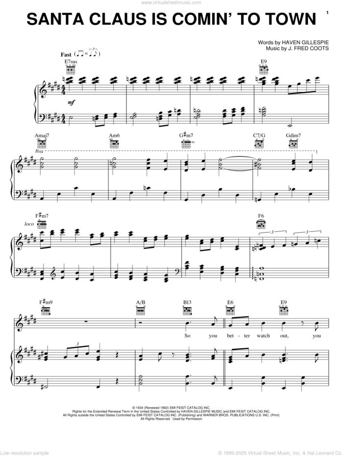 Santa Claus Is Comin' To Town sheet music for voice, piano or guitar by Carpenters, Haven Gillespie and J. Fred Coots, intermediate skill level