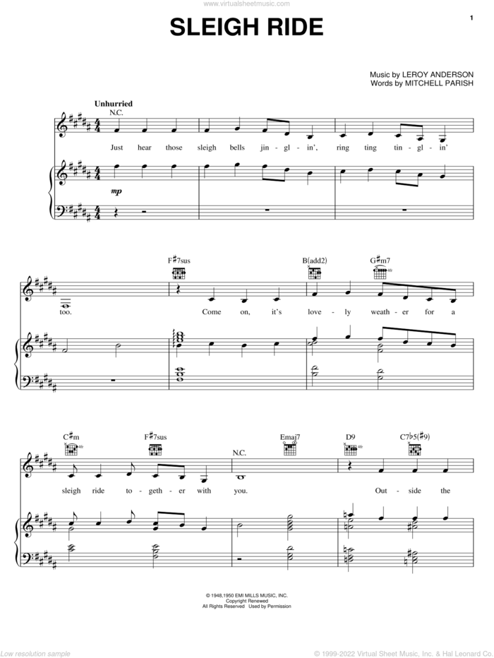 Sleigh Ride sheet music for voice, piano or guitar by Carpenters, Leroy Anderson and Mitchell Parish, intermediate skill level