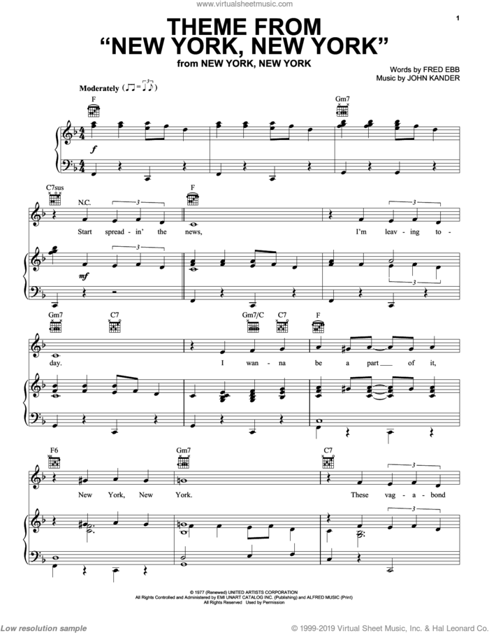 Theme From 'New York, New York' sheet music for voice, piano or guitar by Frank Sinatra, Kander & Ebb, Liza Minnelli, Fred Ebb and John Kander, intermediate skill level