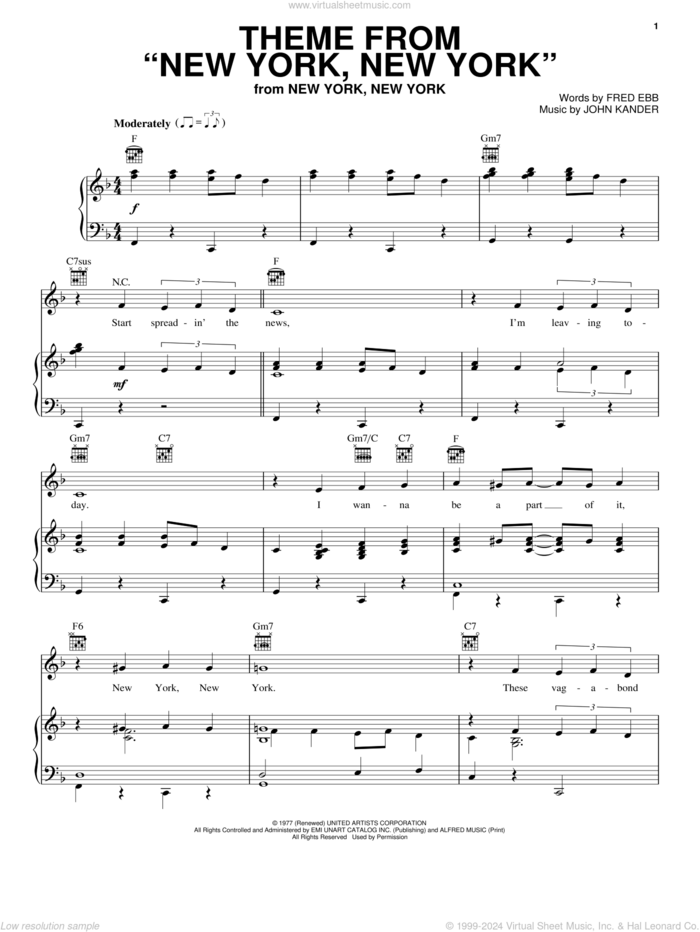 Theme From 'New York, New York' sheet music for voice, piano or guitar by Frank Sinatra, Kander & Ebb, Liza Minnelli, Fred Ebb and John Kander, intermediate skill level