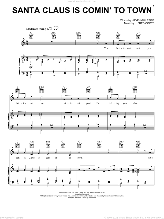 Santa Claus Is Comin' To Town sheet music for voice, piano or guitar by Frank Sinatra, The Beach Boys, Haven Gillespie and J. Fred Coots, intermediate skill level