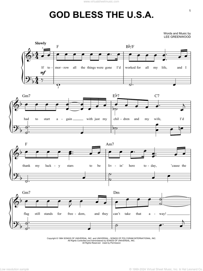 God Bless The U.S.A. sheet music for piano solo by Lee Greenwood, beginner skill level