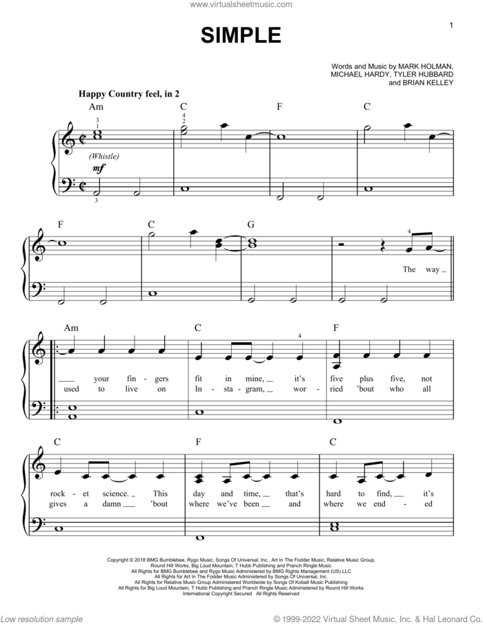 Simple sheet music for piano solo by Florida Georgia Line, Brian Kelley, Mark Holman, Michael Hardy and Tyler Hubbard, beginner skill level