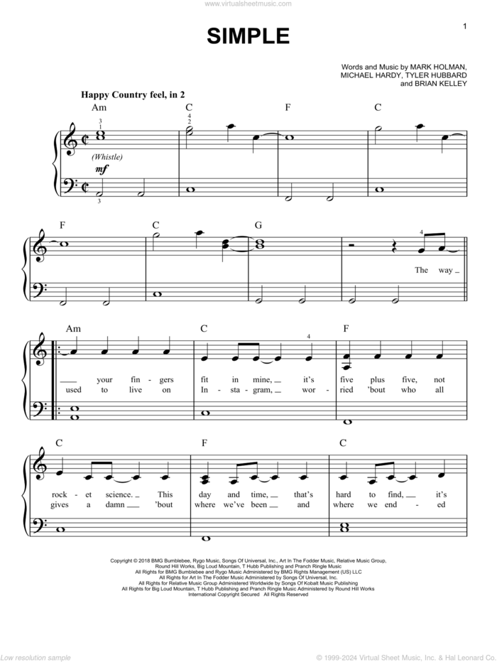 Simple sheet music for piano solo by Florida Georgia Line, Brian Kelley, Mark Holman, Michael Hardy and Tyler Hubbard, beginner skill level