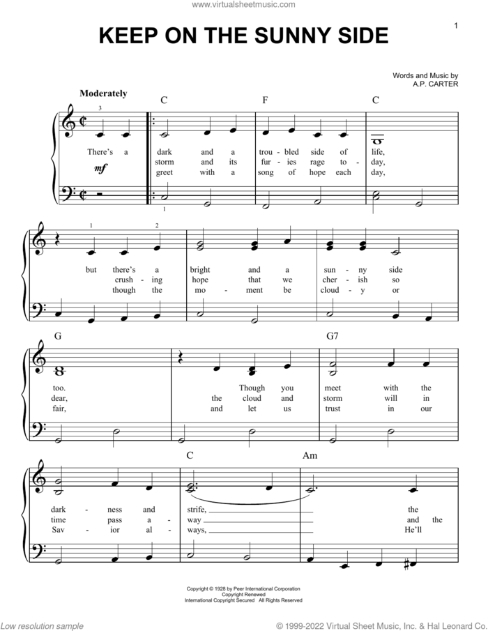 Keep On The Sunny Side, (beginner) sheet music for piano solo by The Carter Family and A.P. Carter, beginner skill level