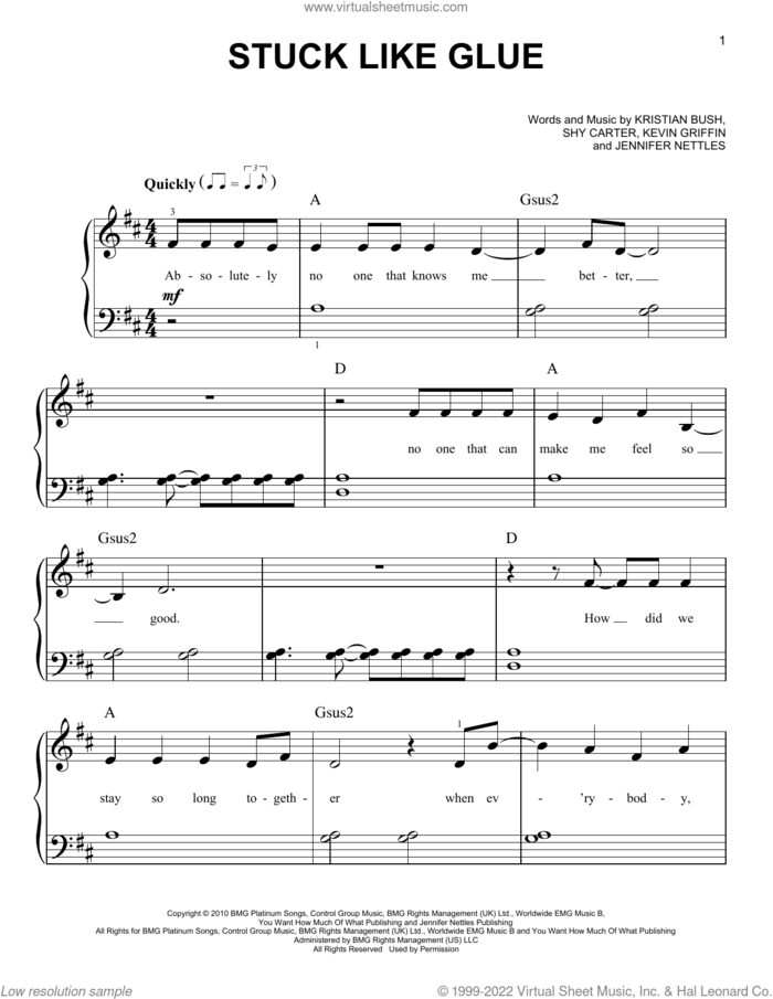 Stuck Like Glue sheet music for piano solo by Sugarland, Jennifer Nettles, Kevin Griffin, Kristian Bush and Shy Carter, beginner skill level