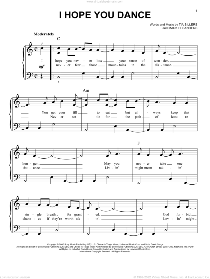 I Hope You Dance, (beginner) sheet music for piano solo by Lee Ann Womack, Mark D. Sanders and Tia Sillers, beginner skill level