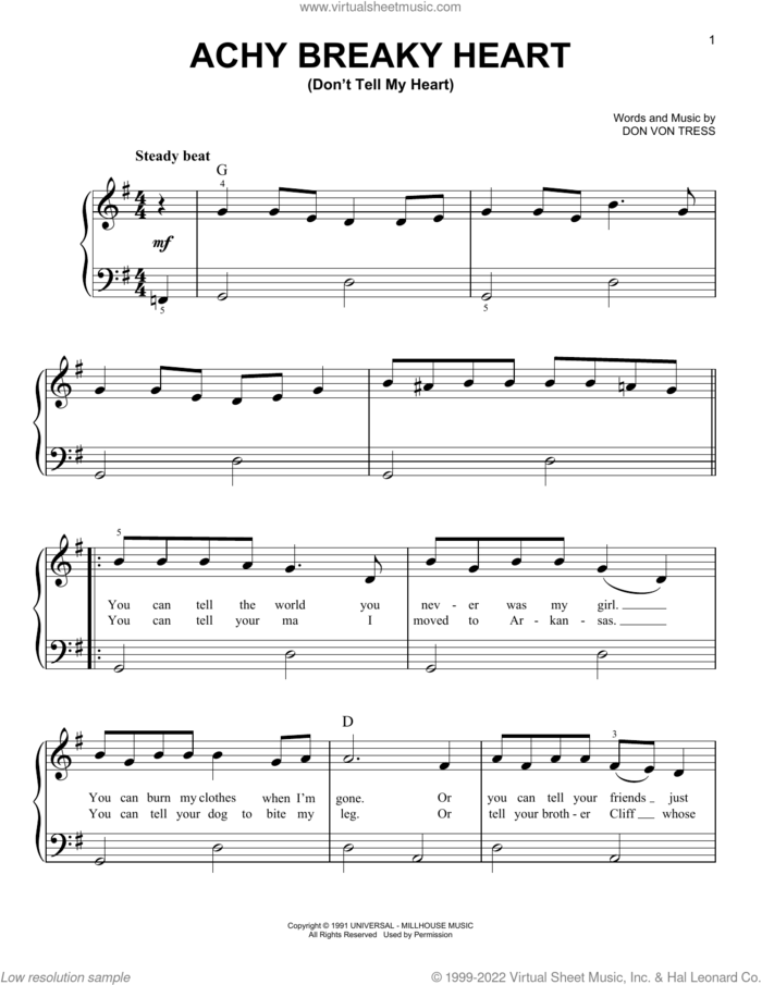 Achy Breaky Heart (Don't Tell My Heart) sheet music for piano solo by Billy Ray Cyrus and Don Von Tress, beginner skill level