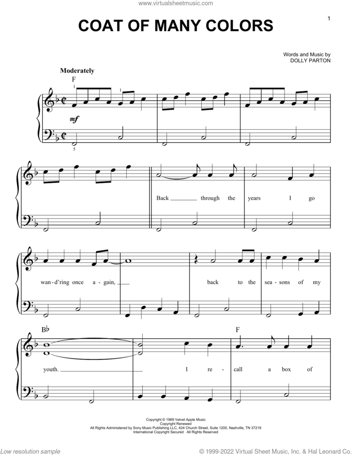 Coat Of Many Colors, (beginner) sheet music for piano solo by Dolly Parton and Shania Twain with Alison Krauss & Union Station, beginner skill level