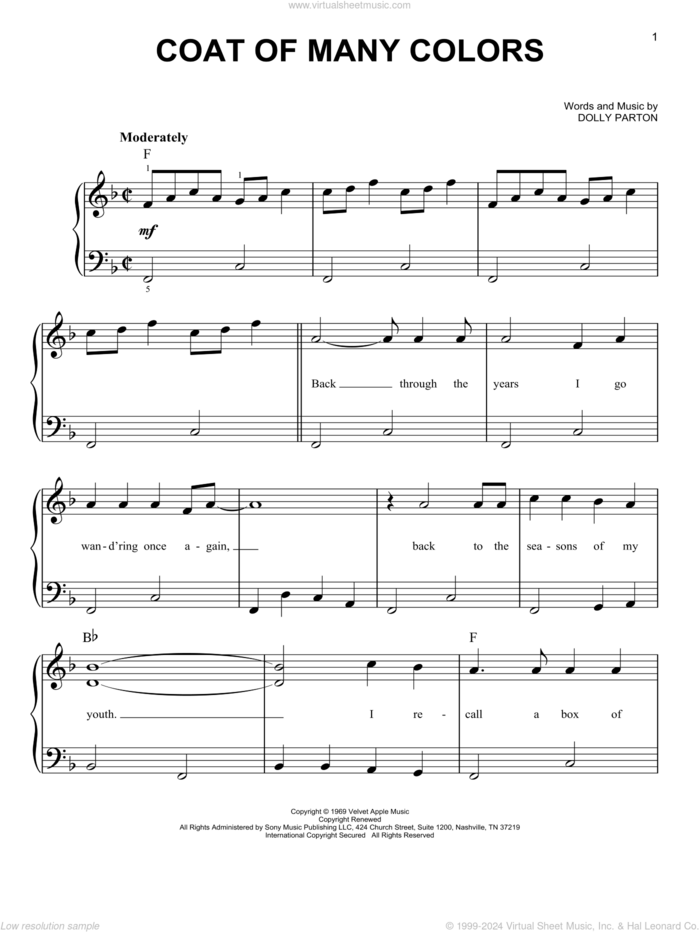 Coat Of Many Colors, (beginner) sheet music for piano solo by Dolly Parton and Shania Twain with Alison Krauss & Union Station, beginner skill level