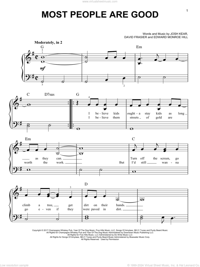 Most People Are Good sheet music for piano solo by Luke Bryan, David Frasier, Edward Monroe Hill and Josh Kear, beginner skill level